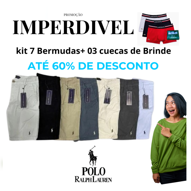 KIT 07 Bermudas Ralph Lauren 100% Sarja Premium + 03 cuecas de Brinde