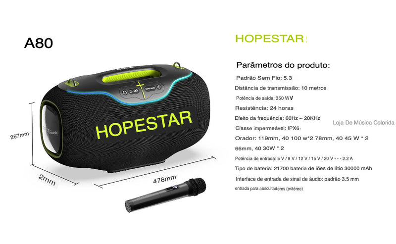 Hopestar A80 350W Com Led PX6 À Prova D 'Água+microfone Bateria 24 horas( Bivolt)